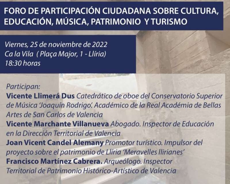 El PP de Llíria organitza un fòrum de participació ciutadana sobre cultura, música, educació, patrimoni i turisme