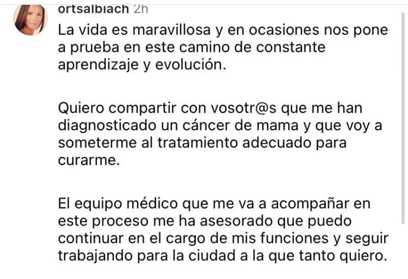 L’alcaldessa de Montcada, Amparo Orts, anuncia que li han detectat un càncer de mama